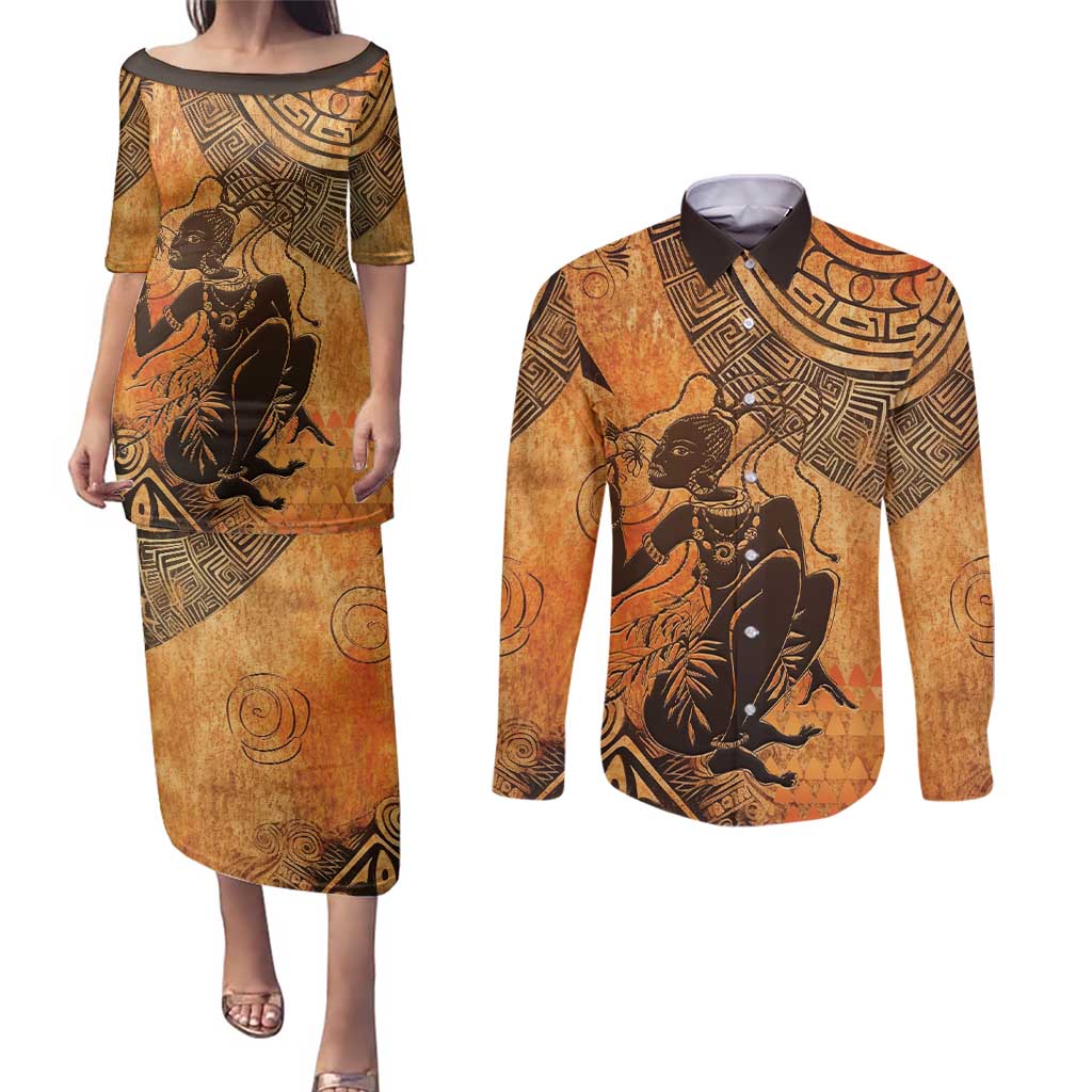 African Women Couples Matching Puletasi and Long Sleeve Button Shirt She Is Rooted In The Earth and Rising Like The Sun - Wonder Print Shop