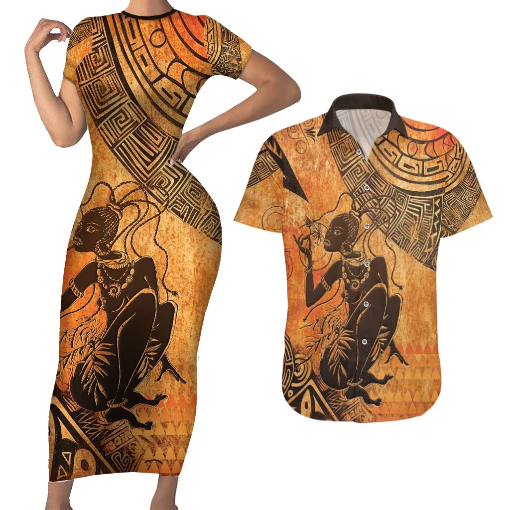 African Women Couples Matching Short Sleeve Bodycon Dress and Hawaiian Shirt She Is Rooted In The Earth and Rising Like The Sun - Wonder Print Shop