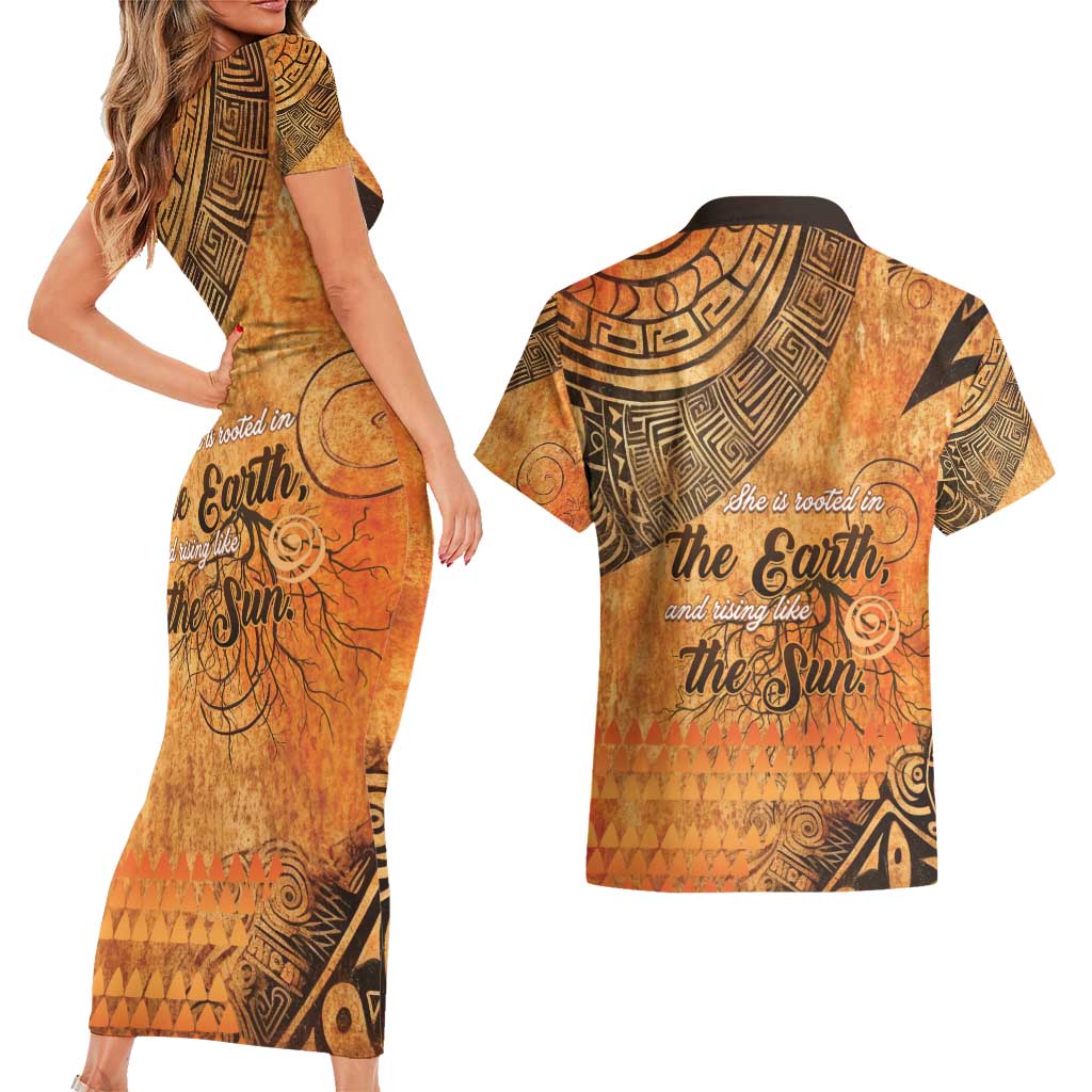 African Women Couples Matching Short Sleeve Bodycon Dress and Hawaiian Shirt She Is Rooted In The Earth and Rising Like The Sun - Wonder Print Shop