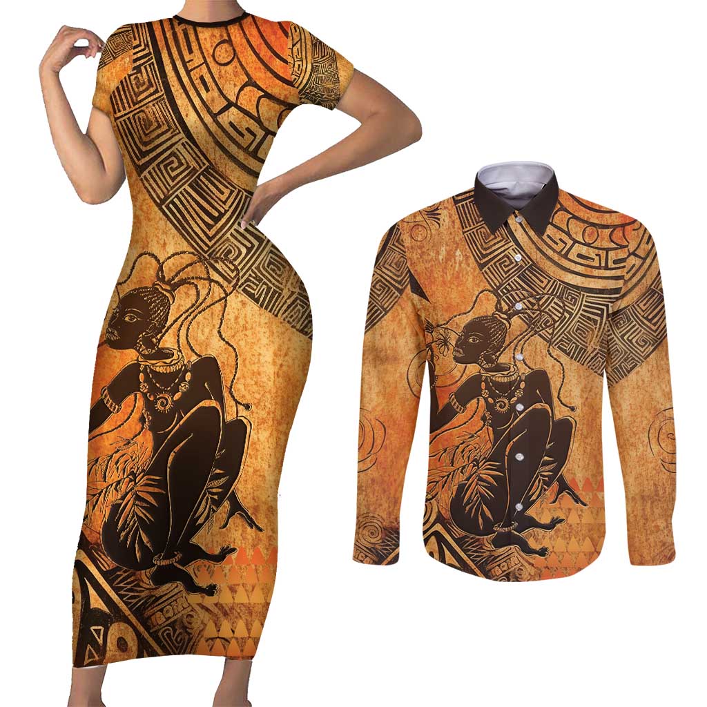 African Women Couples Matching Short Sleeve Bodycon Dress and Long Sleeve Button Shirt She Is Rooted In The Earth and Rising Like The Sun - Wonder Print Shop