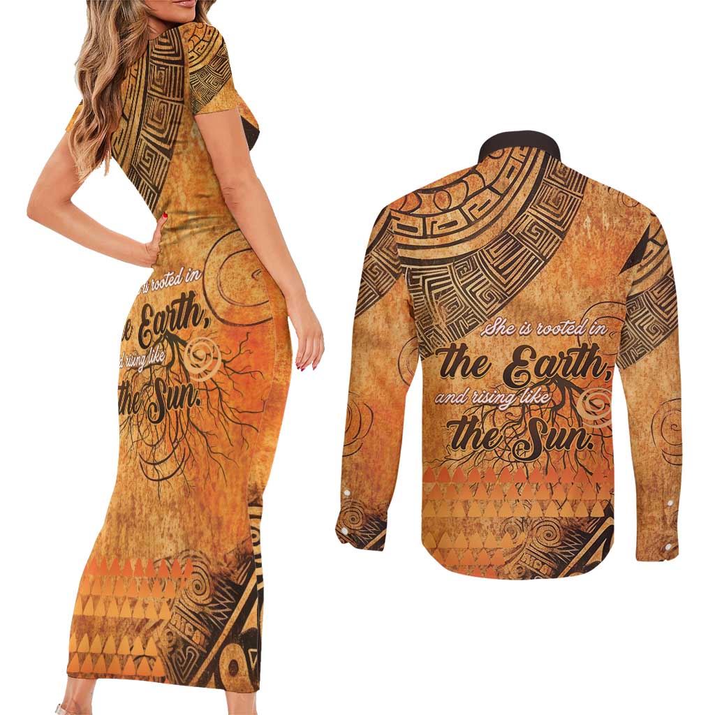 African Women Couples Matching Short Sleeve Bodycon Dress and Long Sleeve Button Shirt She Is Rooted In The Earth and Rising Like The Sun - Wonder Print Shop