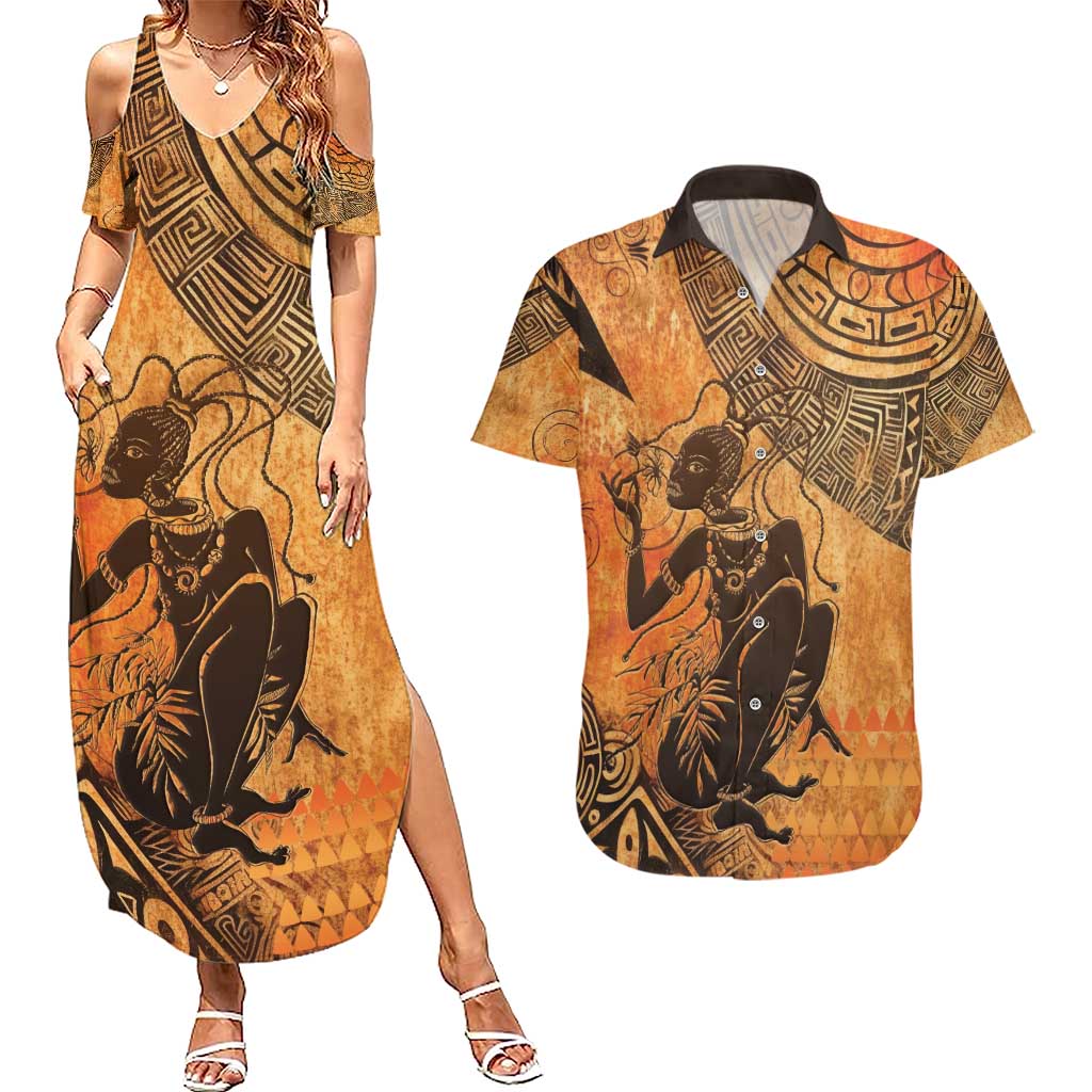 African Women Couples Matching Summer Maxi Dress and Hawaiian Shirt She Is Rooted In The Earth and Rising Like The Sun - Wonder Print Shop