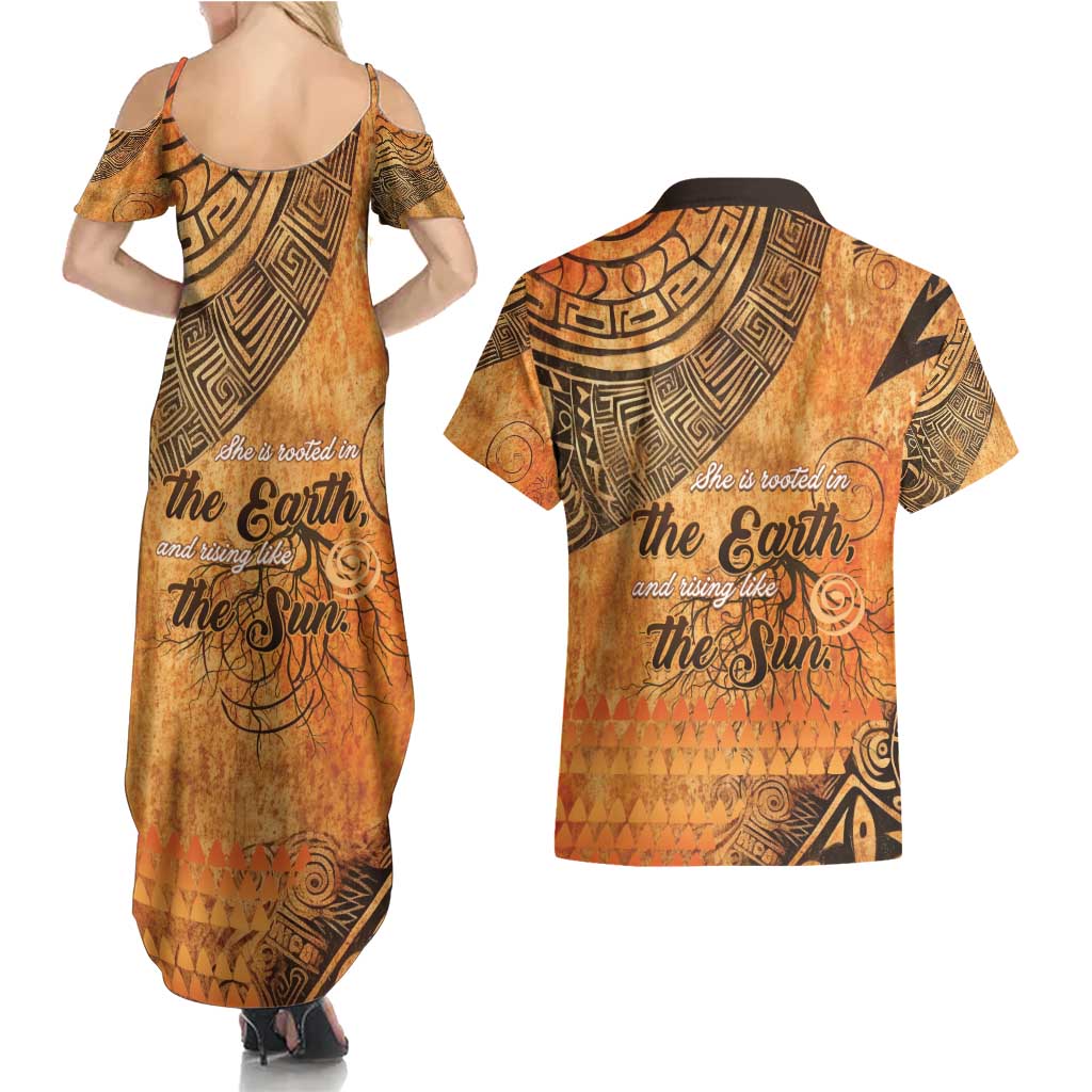 African Women Couples Matching Summer Maxi Dress and Hawaiian Shirt She Is Rooted In The Earth and Rising Like The Sun - Wonder Print Shop