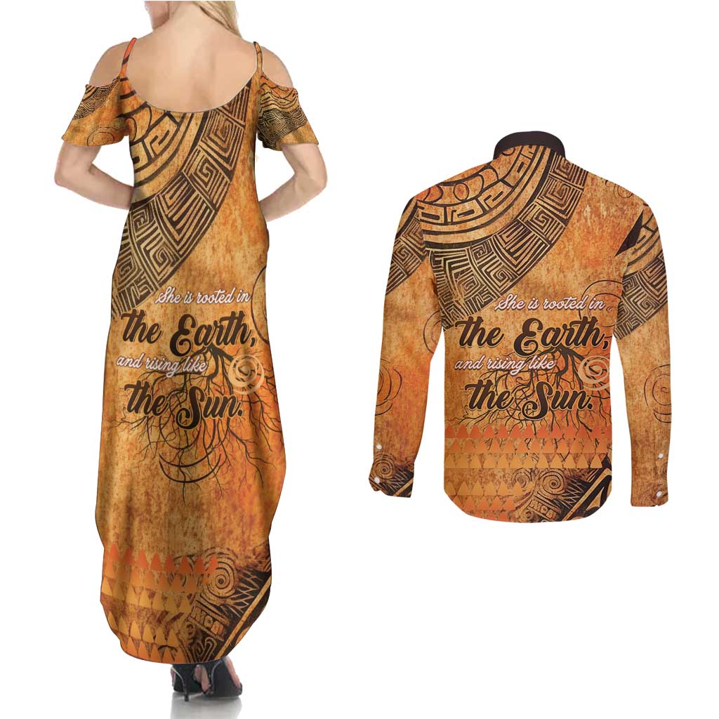 African Women Couples Matching Summer Maxi Dress and Long Sleeve Button Shirt She Is Rooted In The Earth and Rising Like The Sun - Wonder Print Shop
