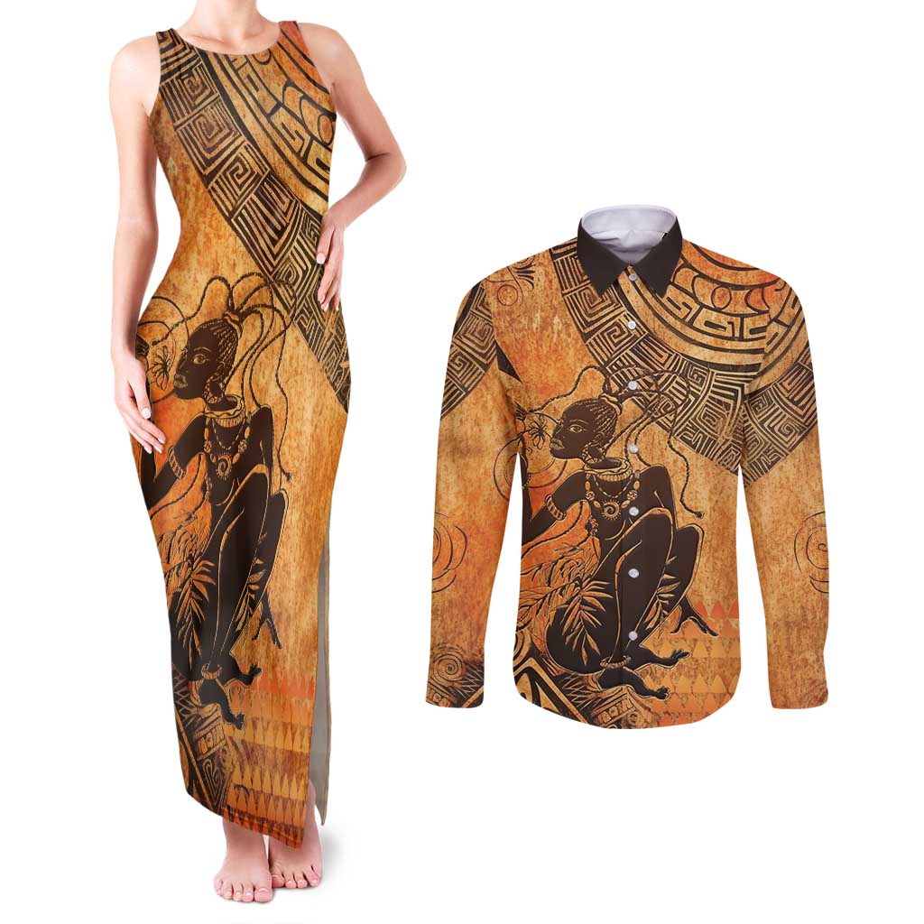 African Women Couples Matching Tank Maxi Dress and Long Sleeve Button Shirt She Is Rooted In The Earth and Rising Like The Sun - Wonder Print Shop