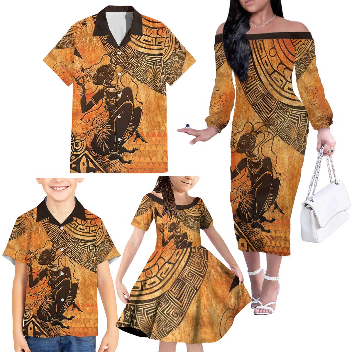 African Women Family Matching Off The Shoulder Long Sleeve Dress and Hawaiian Shirt She Is Rooted In The Earth and Rising Like The Sun - Wonder Print Shop