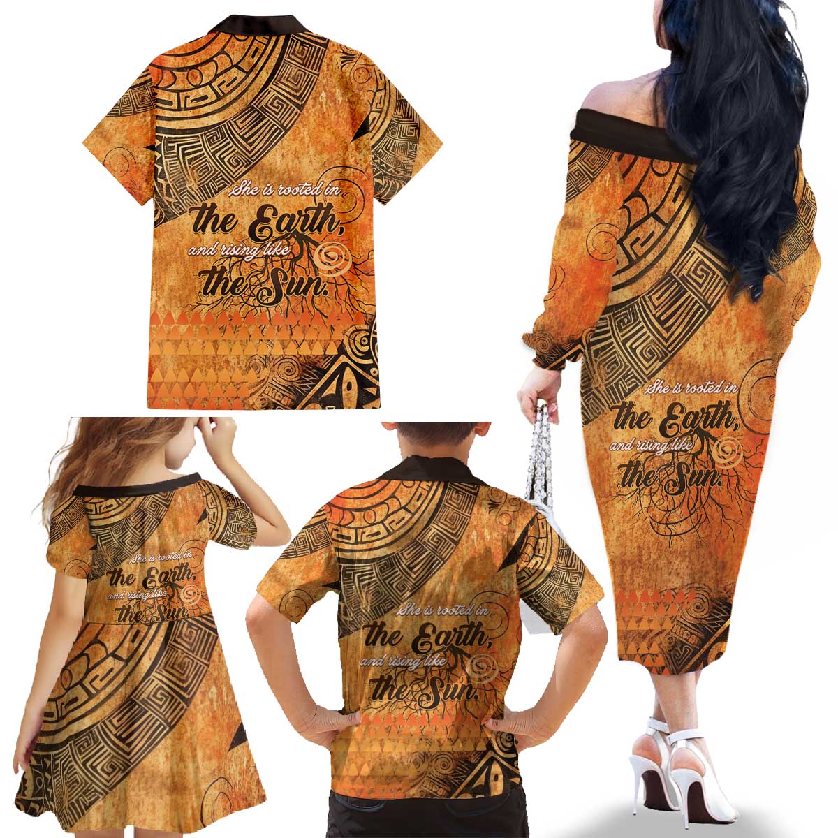 African Women Family Matching Off The Shoulder Long Sleeve Dress and Hawaiian Shirt She Is Rooted In The Earth and Rising Like The Sun - Wonder Print Shop