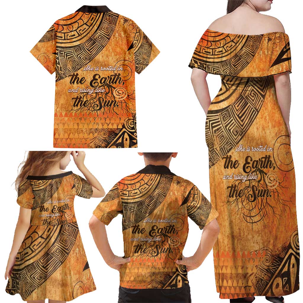 African Women Family Matching Off Shoulder Maxi Dress and Hawaiian Shirt She Is Rooted In The Earth and Rising Like The Sun - Wonder Print Shop