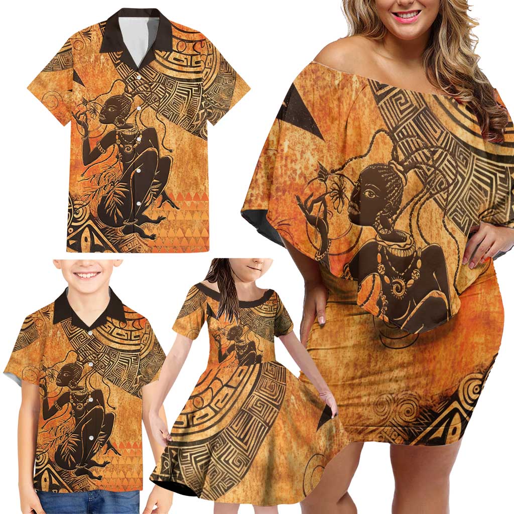 African Women Family Matching Off Shoulder Short Dress and Hawaiian Shirt She Is Rooted In The Earth and Rising Like The Sun - Wonder Print Shop