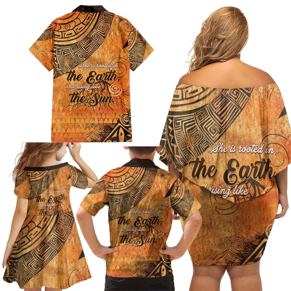 African Women Family Matching Off Shoulder Short Dress and Hawaiian Shirt She Is Rooted In The Earth and Rising Like The Sun - Wonder Print Shop