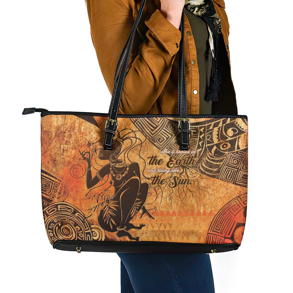 African Women Leather Tote Bag She Is Rooted In The Earth and Rising Like The Sun - Wonder Print Shop