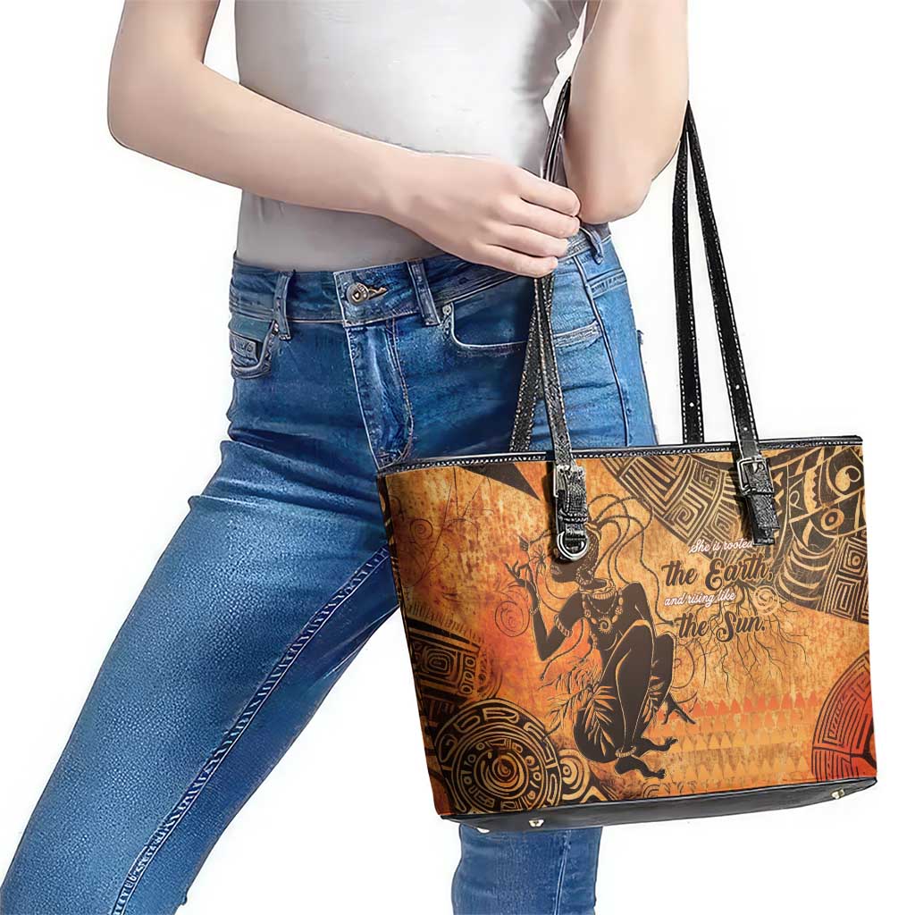 African Women Leather Tote Bag She Is Rooted In The Earth and Rising Like The Sun - Wonder Print Shop