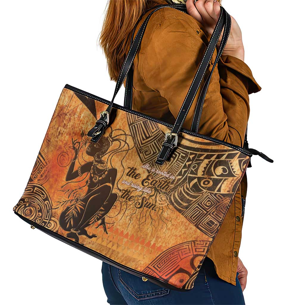 African Women Leather Tote Bag She Is Rooted In The Earth and Rising Like The Sun - Wonder Print Shop
