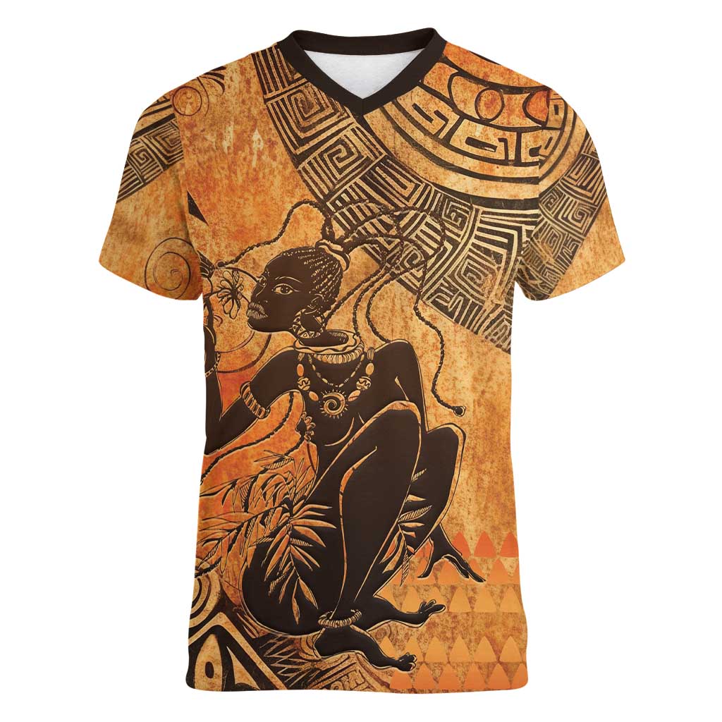 African Women Women V-Neck T-Shirt She Is Rooted In The Earth and Rising Like The Sun - Wonder Print Shop