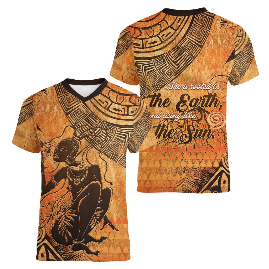 African Women Women V-Neck T-Shirt She Is Rooted In The Earth and Rising Like The Sun - Wonder Print Shop
