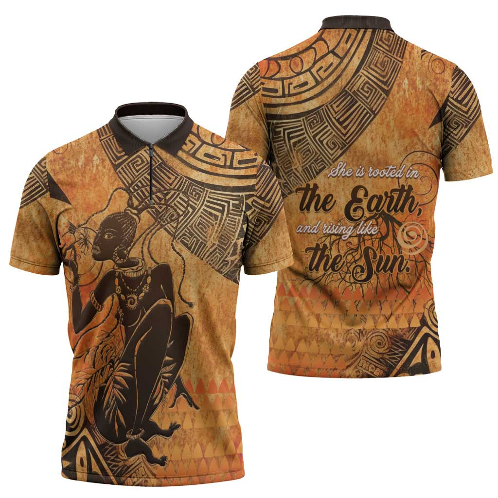 African Women Zipper Polo Shirt She Is Rooted In The Earth and Rising Like The Sun - Wonder Print Shop