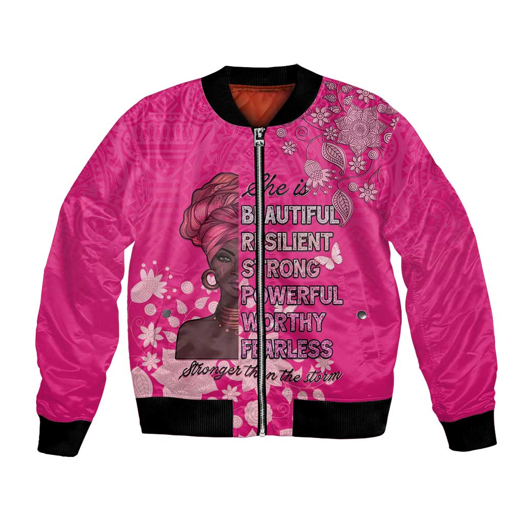 African Women Bomber Jacket Black Beautiful Brave and Bressed - Pink Color - Wonder Print Shop