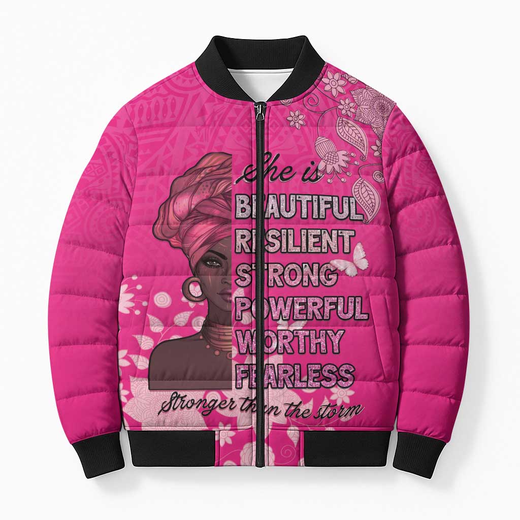 African Women Bomber Puffer Jacket Black Beautiful Brave and Bressed - Pink Color - Wonder Print Shop