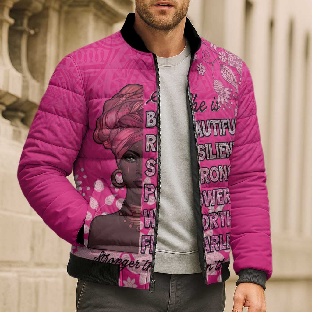 African Women Bomber Puffer Jacket Black Beautiful Brave and Bressed - Pink Color - Wonder Print Shop
