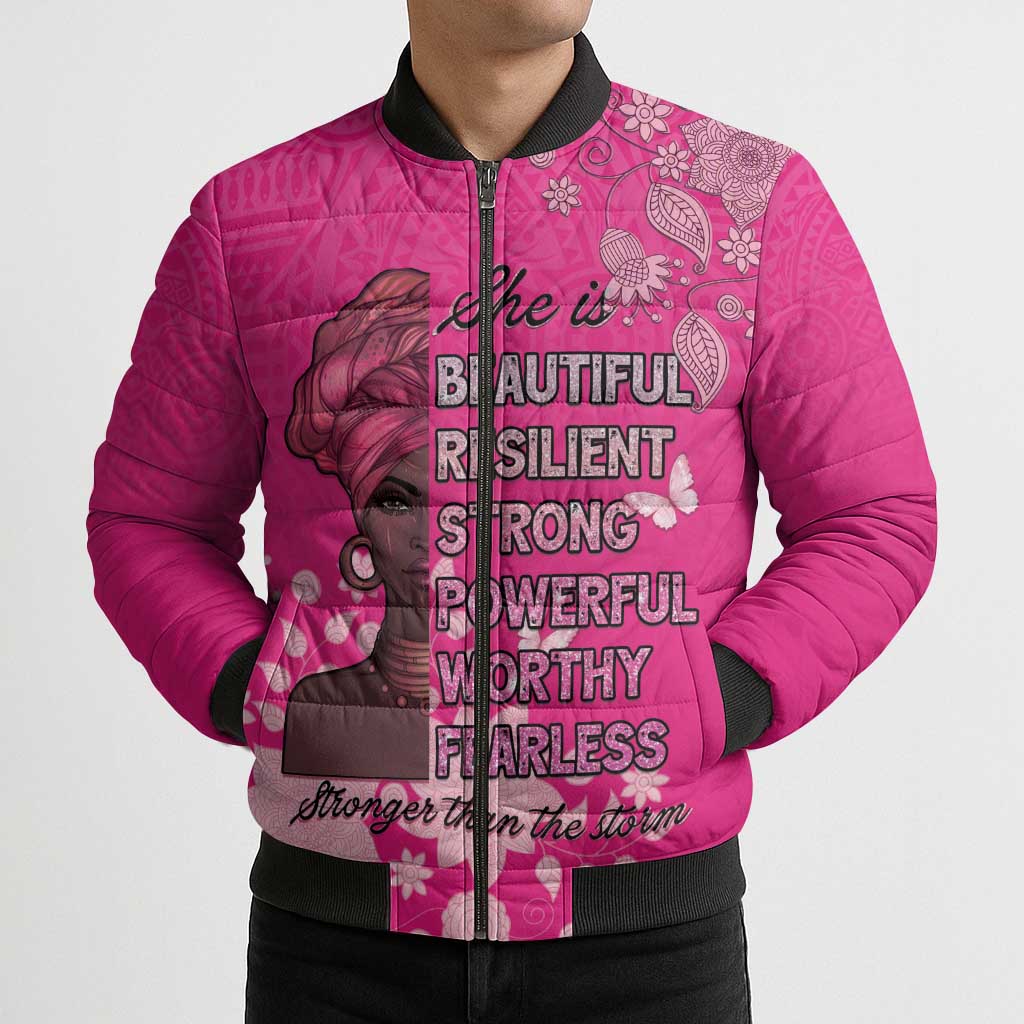 African Women Bomber Puffer Jacket Black Beautiful Brave and Bressed - Pink Color - Wonder Print Shop