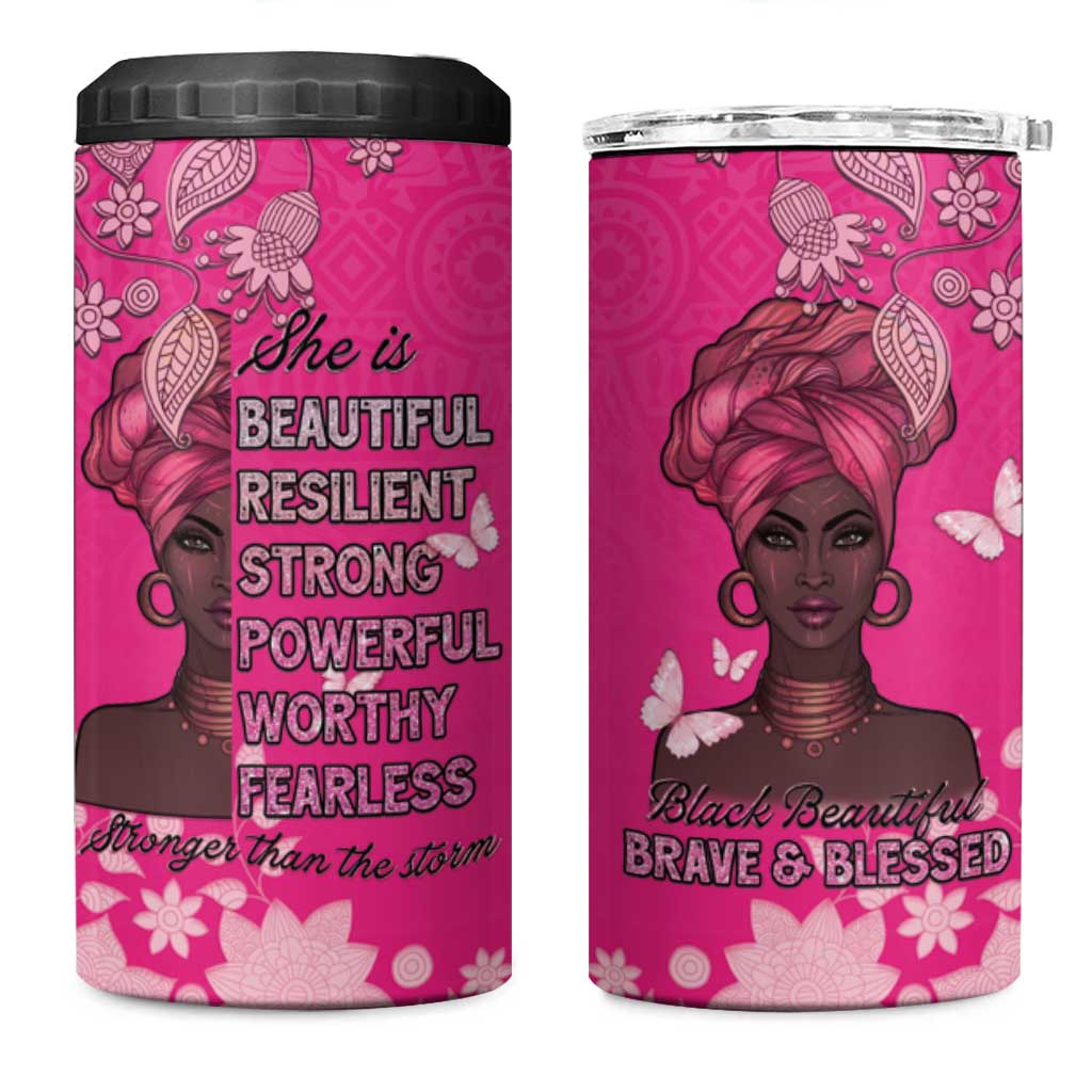 African Women 4 in 1 Can Cooler Tumbler Black Beautiful Brave and Bressed - Pink Color - Wonder Print Shop