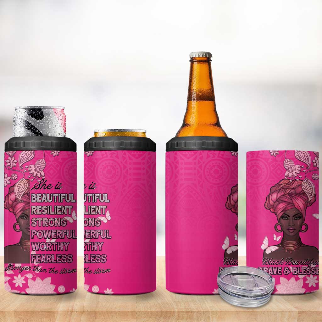 African Women 4 in 1 Can Cooler Tumbler Black Beautiful Brave and Bressed - Pink Color - Wonder Print Shop