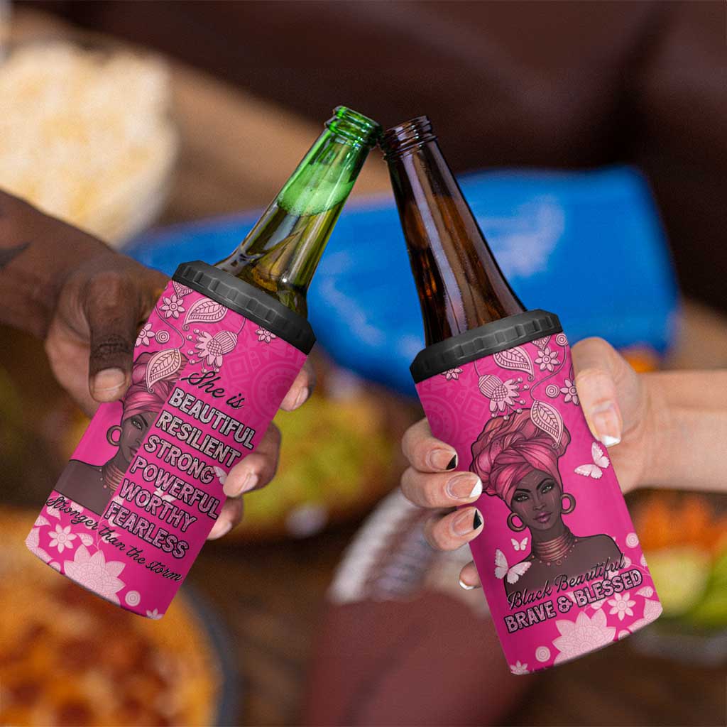 African Women 4 in 1 Can Cooler Tumbler Black Beautiful Brave and Bressed - Pink Color - Wonder Print Shop