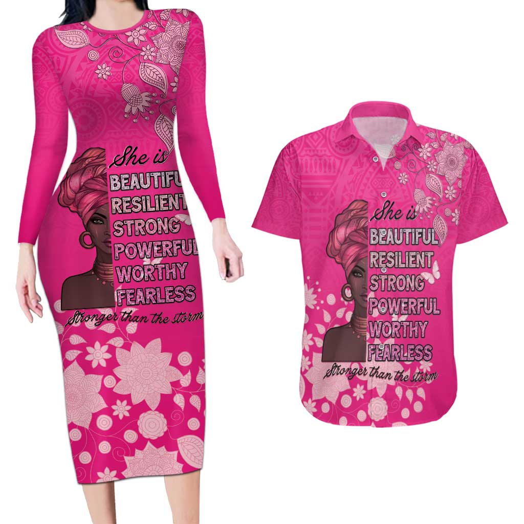African Women Couples Matching Long Sleeve Bodycon Dress and Hawaiian Shirt Black Beautiful Brave and Bressed - Pink Color - Wonder Print Shop