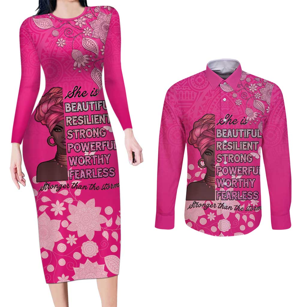 African Women Couples Matching Long Sleeve Bodycon Dress and Long Sleeve Button Shirt Black Beautiful Brave and Bressed - Pink Color - Wonder Print Shop