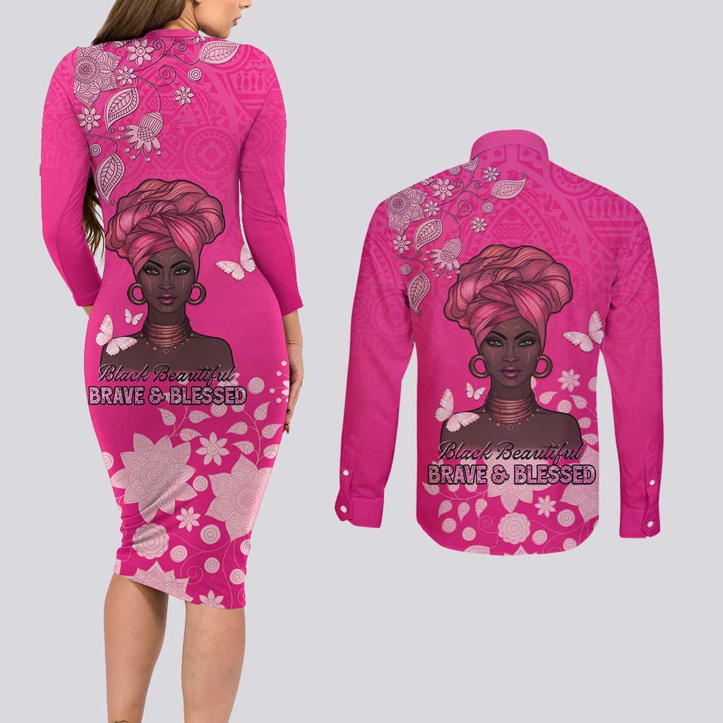 African Women Couples Matching Long Sleeve Bodycon Dress and Long Sleeve Button Shirt Black Beautiful Brave and Bressed - Pink Color - Wonder Print Shop
