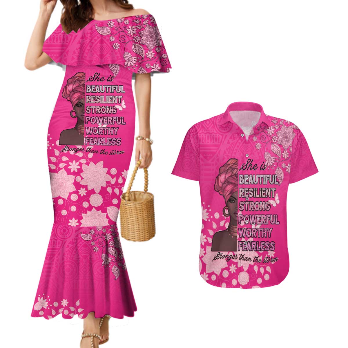 African Women Couples Matching Mermaid Dress and Hawaiian Shirt Black Beautiful Brave and Bressed - Pink Color - Wonder Print Shop