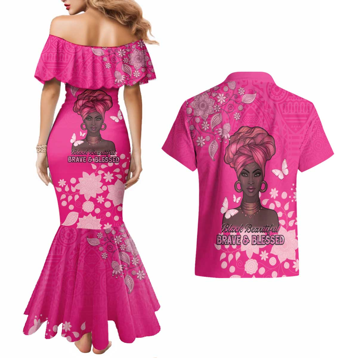 African Women Couples Matching Mermaid Dress and Hawaiian Shirt Black Beautiful Brave and Bressed - Pink Color - Wonder Print Shop