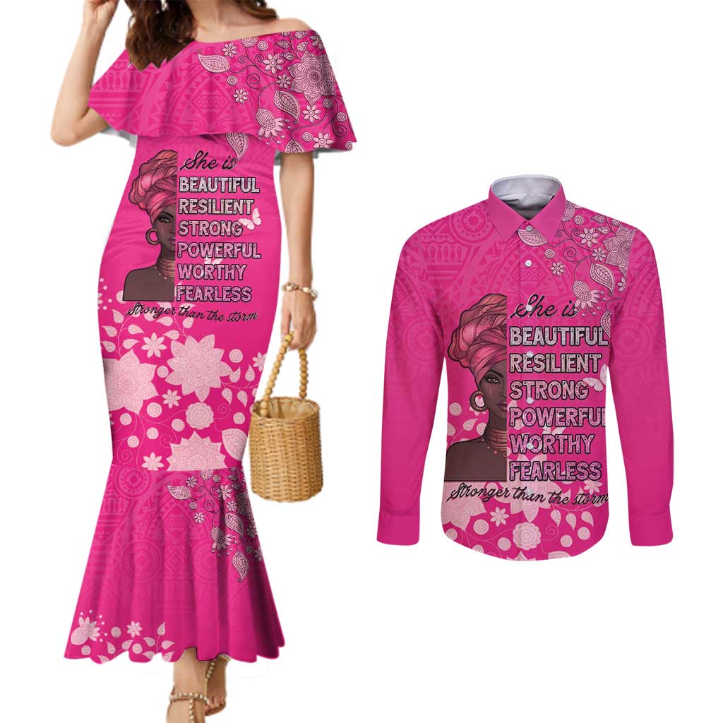 African Women Couples Matching Mermaid Dress and Long Sleeve Button Shirt Black Beautiful Brave and Bressed - Pink Color - Wonder Print Shop