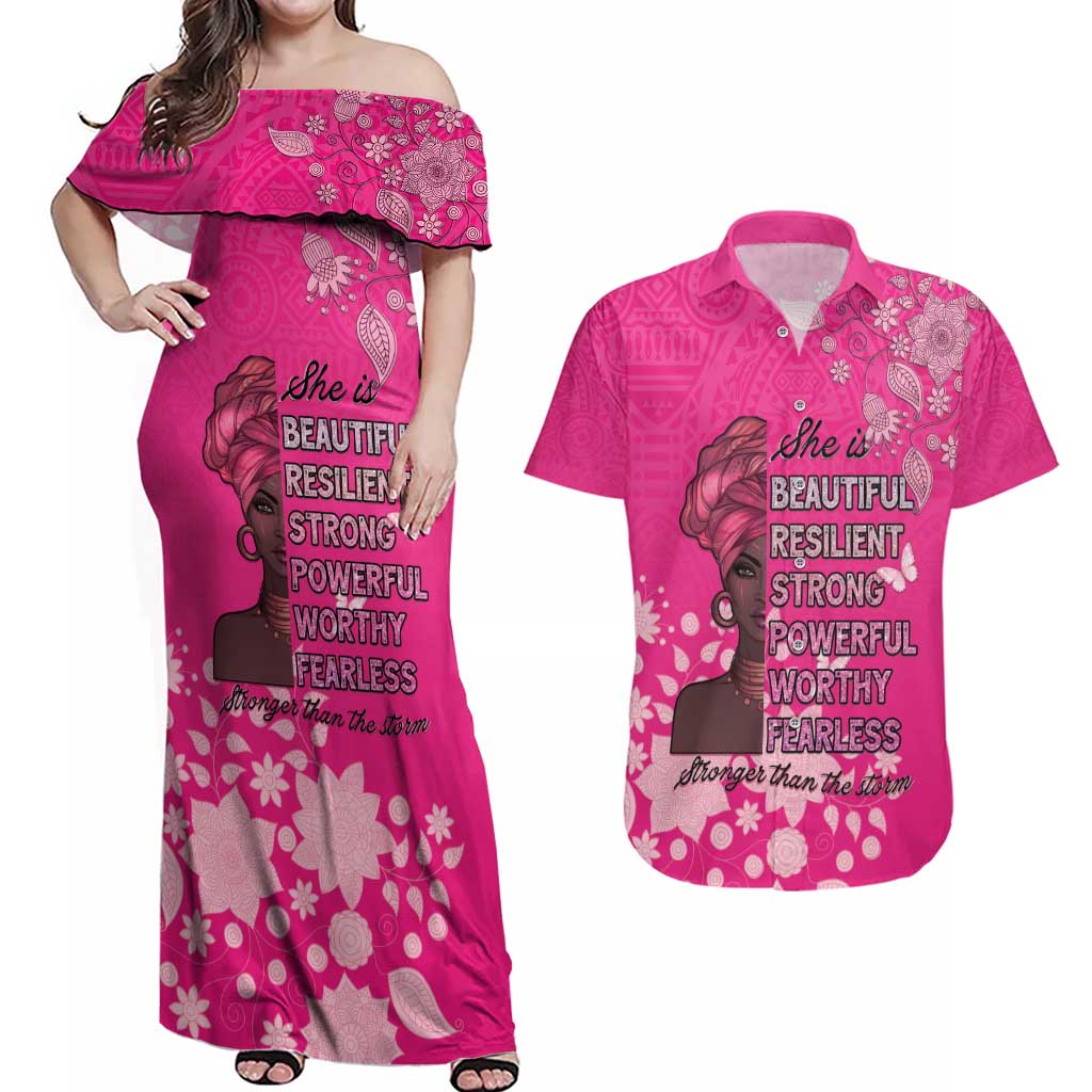 African Women Couples Matching Off Shoulder Maxi Dress and Hawaiian Shirt Black Beautiful Brave and Bressed - Pink Color - Wonder Print Shop