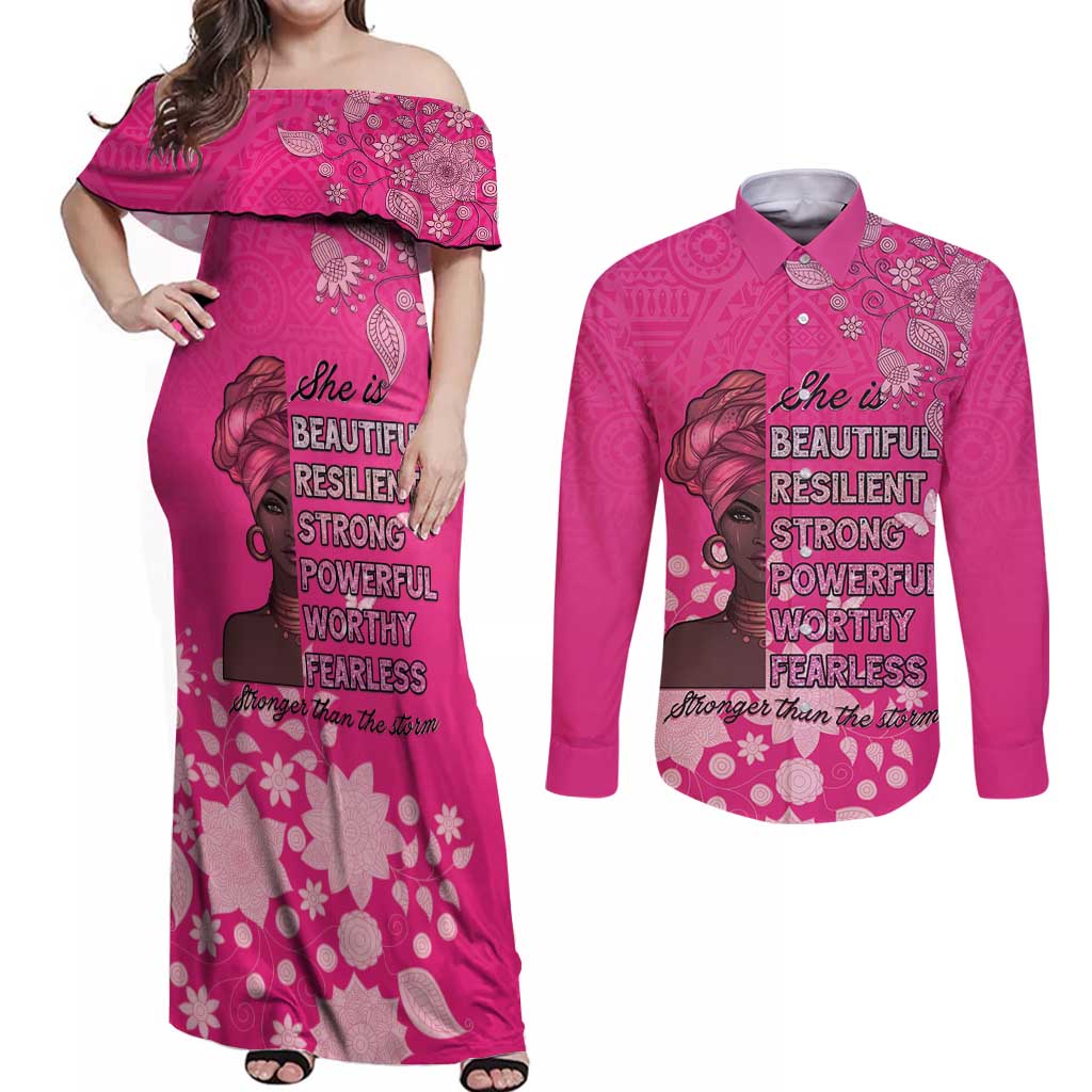 African Women Couples Matching Off Shoulder Maxi Dress and Long Sleeve Button Shirt Black Beautiful Brave and Bressed - Pink Color - Wonder Print Shop