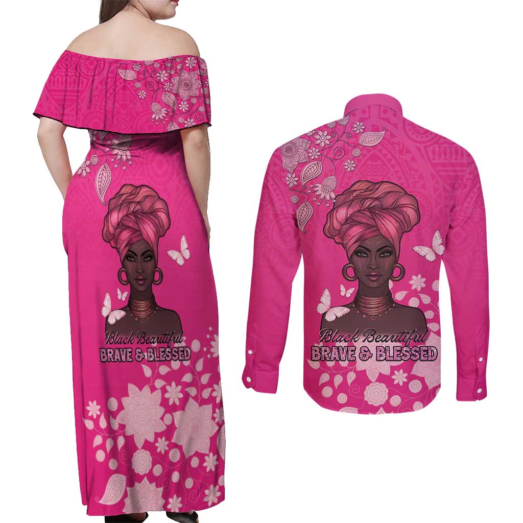 African Women Couples Matching Off Shoulder Maxi Dress and Long Sleeve Button Shirt Black Beautiful Brave and Bressed - Pink Color - Wonder Print Shop