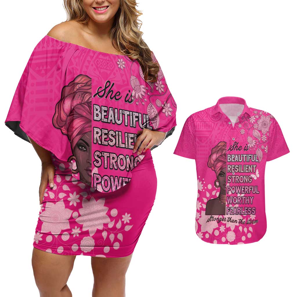 African Women Couples Matching Off Shoulder Short Dress and Hawaiian Shirt Black Beautiful Brave and Bressed - Pink Color - Wonder Print Shop