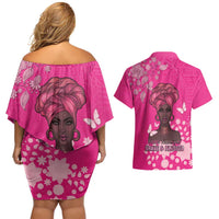 African Women Couples Matching Off Shoulder Short Dress and Hawaiian Shirt Black Beautiful Brave and Bressed - Pink Color - Wonder Print Shop
