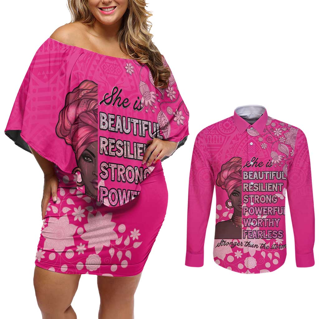 African Women Couples Matching Off Shoulder Short Dress and Long Sleeve Button Shirt Black Beautiful Brave and Bressed - Pink Color - Wonder Print Shop