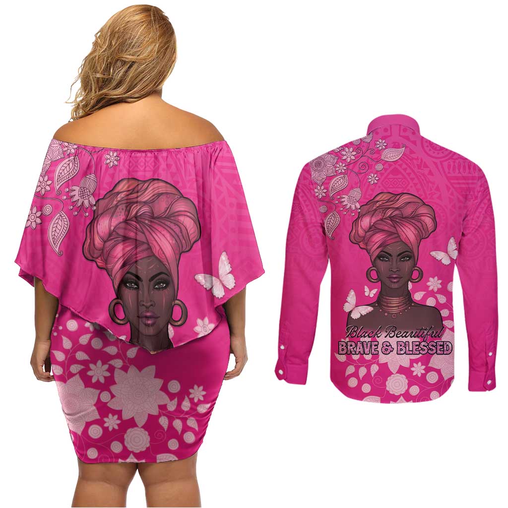 African Women Couples Matching Off Shoulder Short Dress and Long Sleeve Button Shirt Black Beautiful Brave and Bressed - Pink Color - Wonder Print Shop