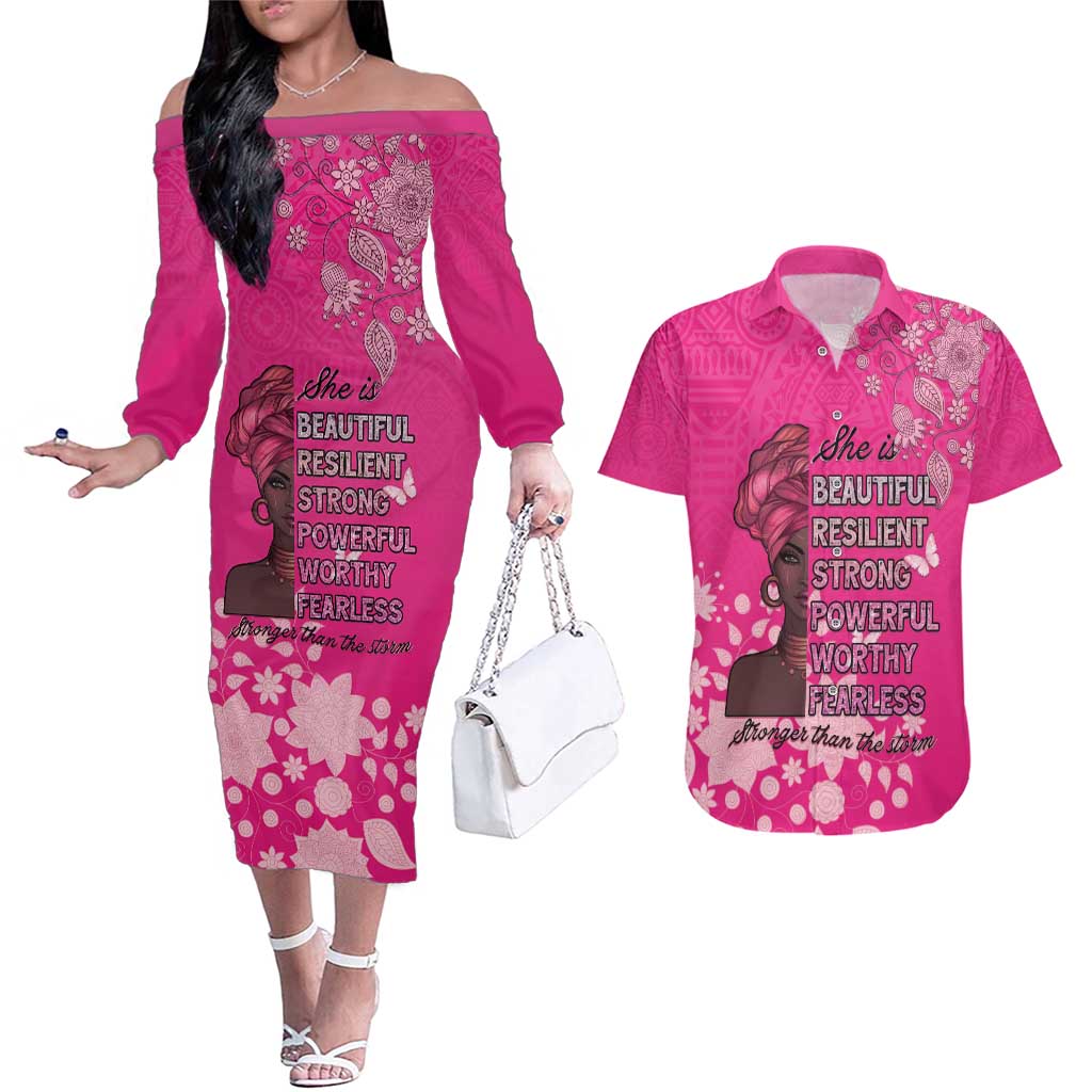 African Women Couples Matching Off The Shoulder Long Sleeve Dress and Hawaiian Shirt Black Beautiful Brave and Bressed - Pink Color - Wonder Print Shop