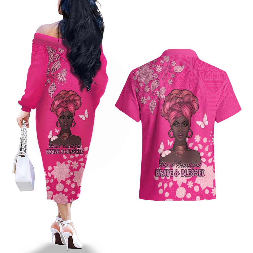 African Women Couples Matching Off The Shoulder Long Sleeve Dress and Hawaiian Shirt Black Beautiful Brave and Bressed - Pink Color - Wonder Print Shop