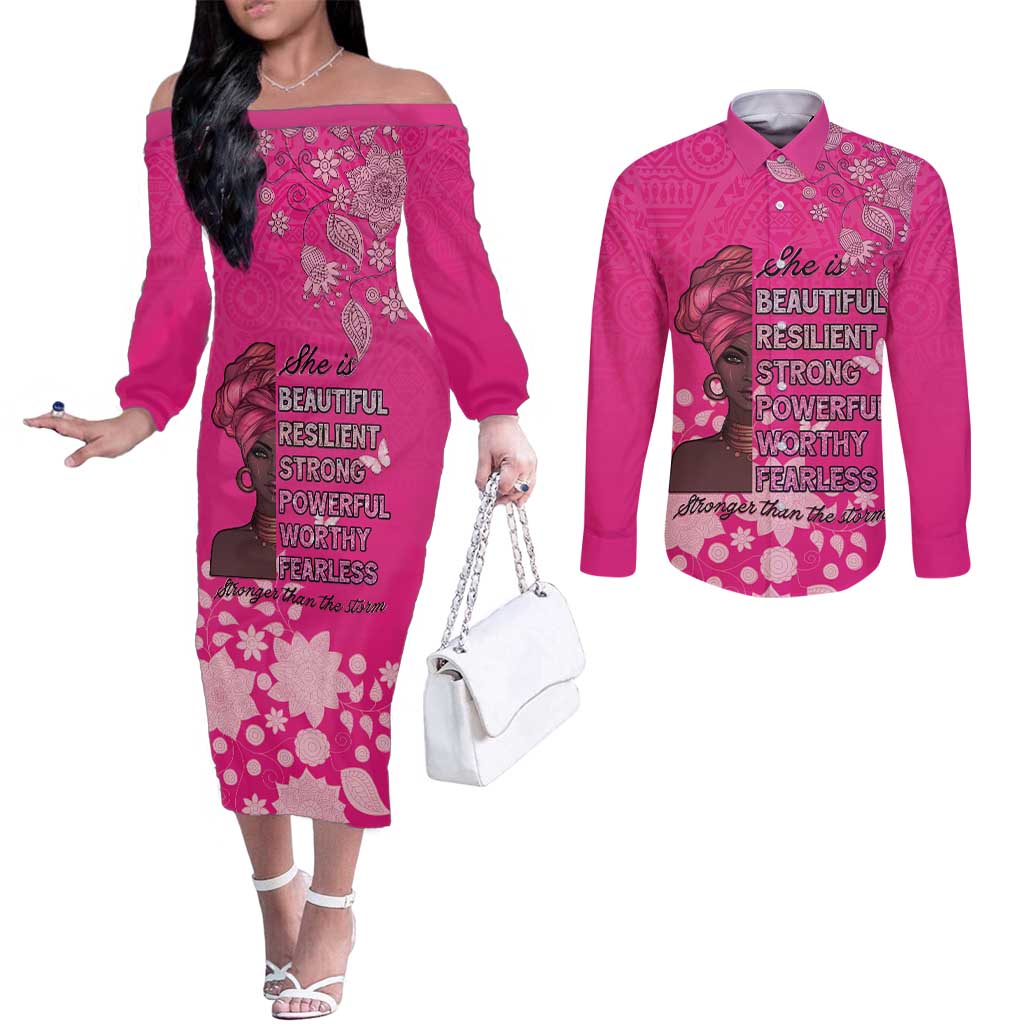 African Women Couples Matching Off The Shoulder Long Sleeve Dress and Long Sleeve Button Shirt Black Beautiful Brave and Bressed - Pink Color - Wonder Print Shop