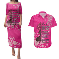 African Women Couples Matching Puletasi and Hawaiian Shirt Black Beautiful Brave and Bressed - Pink Color - Wonder Print Shop