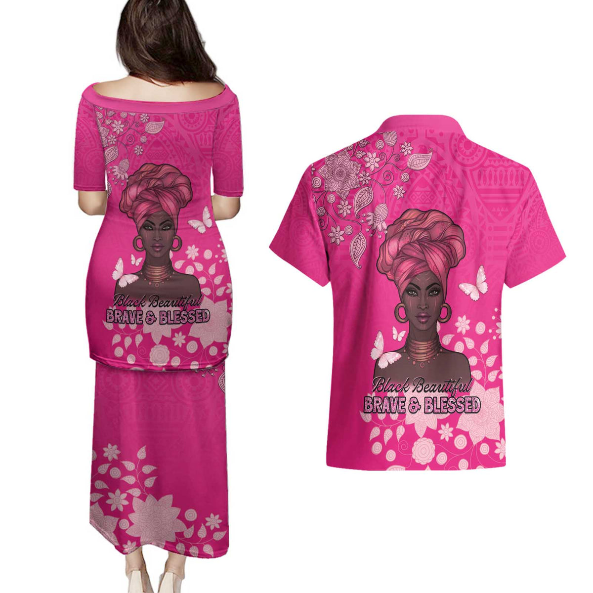African Women Couples Matching Puletasi and Hawaiian Shirt Black Beautiful Brave and Bressed - Pink Color - Wonder Print Shop