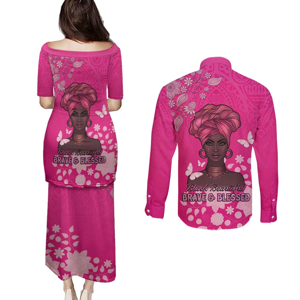 African Women Couples Matching Puletasi and Long Sleeve Button Shirt Black Beautiful Brave and Bressed - Pink Color - Wonder Print Shop