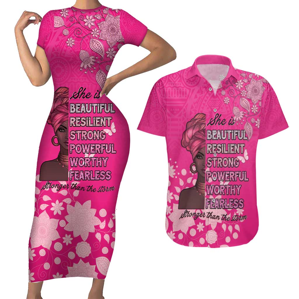 African Women Couples Matching Short Sleeve Bodycon Dress and Hawaiian Shirt Black Beautiful Brave and Bressed - Pink Color - Wonder Print Shop