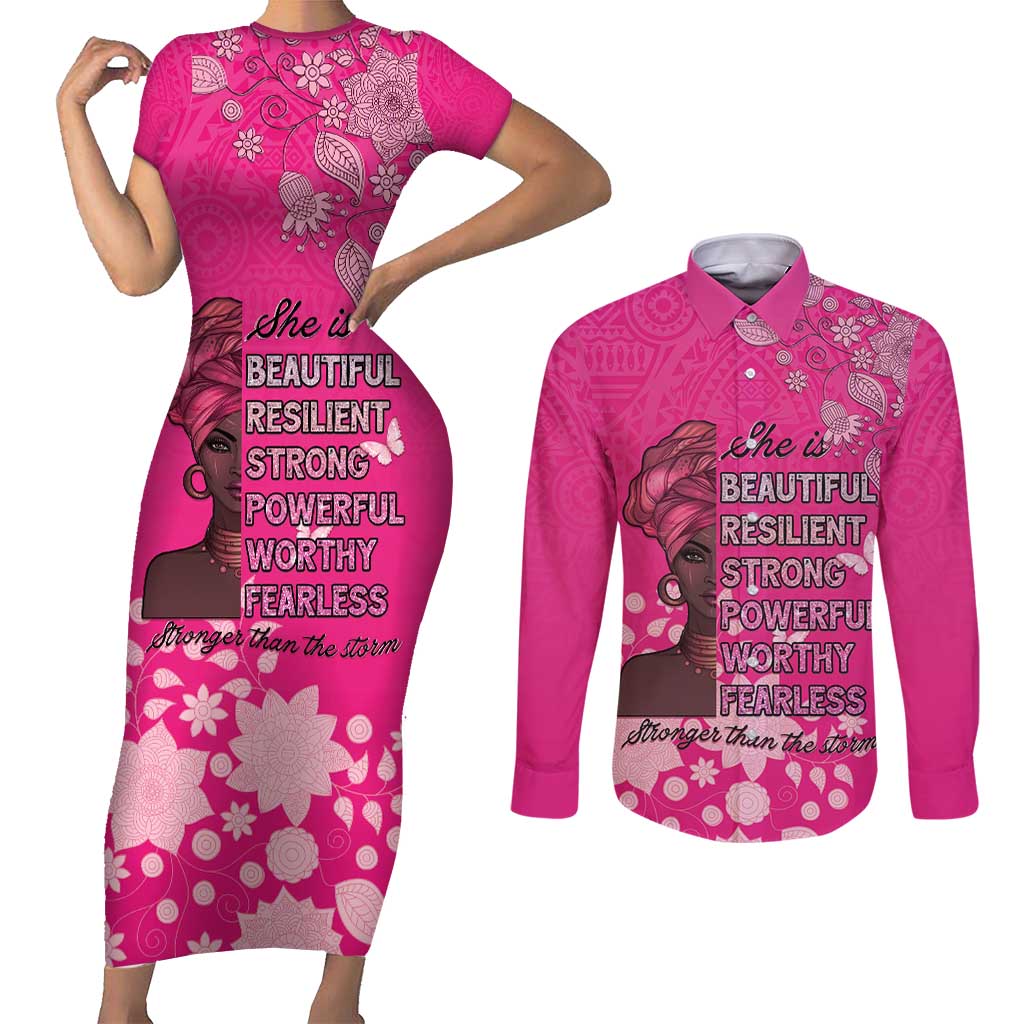 African Women Couples Matching Short Sleeve Bodycon Dress and Long Sleeve Button Shirt Black Beautiful Brave and Bressed - Pink Color - Wonder Print Shop