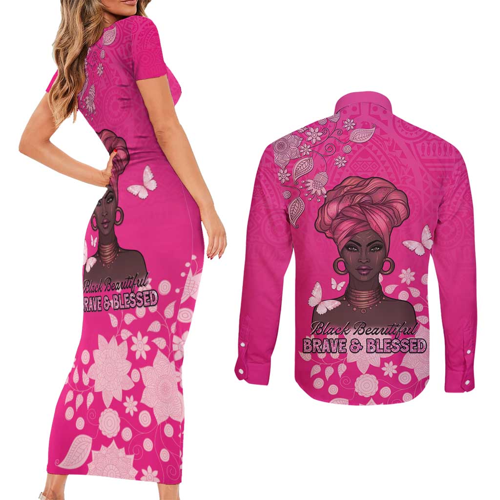 African Women Couples Matching Short Sleeve Bodycon Dress and Long Sleeve Button Shirt Black Beautiful Brave and Bressed - Pink Color - Wonder Print Shop
