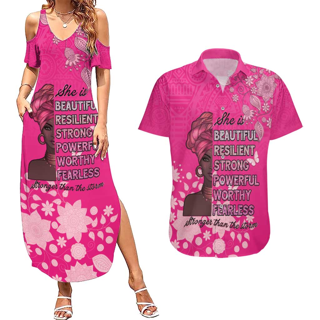 African Women Couples Matching Summer Maxi Dress and Hawaiian Shirt Black Beautiful Brave and Bressed - Pink Color - Wonder Print Shop